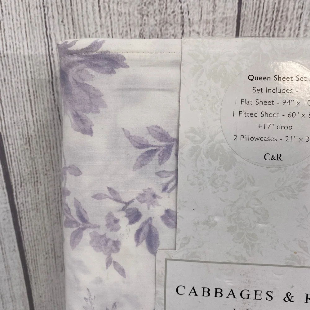 Cabbages & Roses Sheet Set Queen Alderney Lilac Floral 100% Cotton Percale